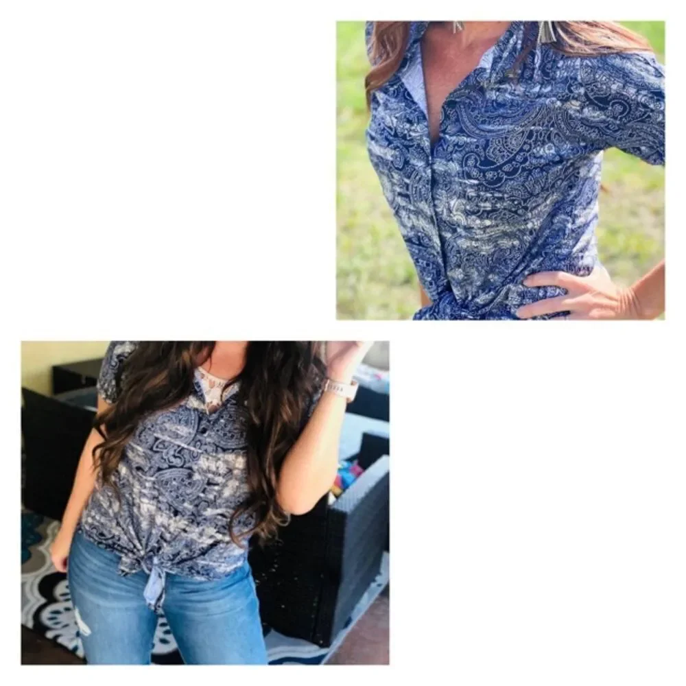 Lularoe Charlie Short Sleeve Button Up Top Small - Picture 2 of 3